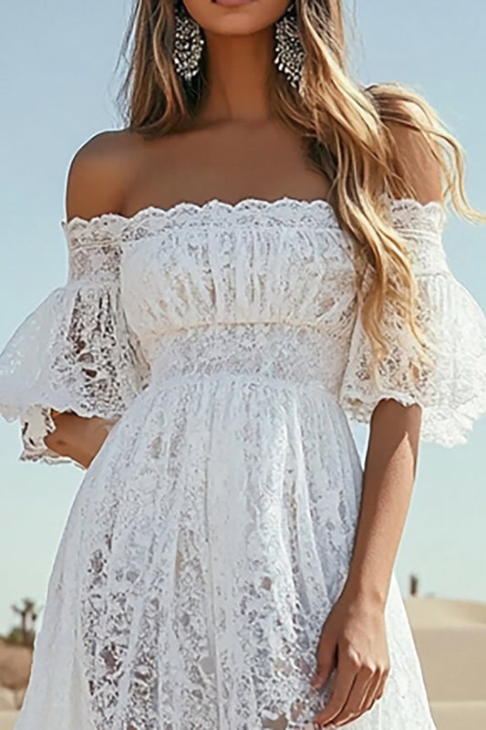 White A Line High-Low Boho Graduation Dress with Pleats
