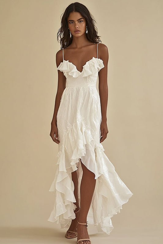 White Chiffon A Line High-Low Graduation Dress with Ruffles
