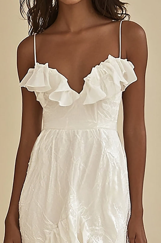 White Chiffon A Line High-Low Graduation Dress with Ruffles
