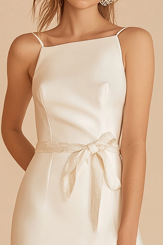 Ivory Satin Spaghetti Straps Bow Short Graduation Dress with Sash