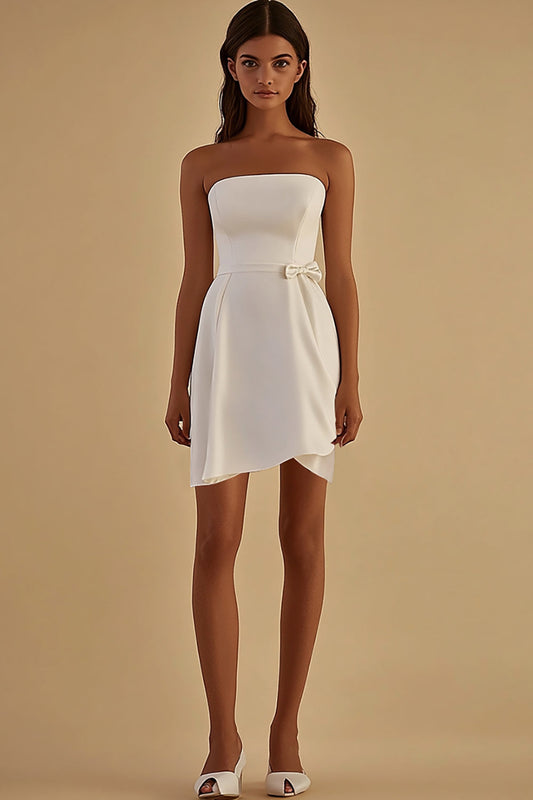 White Satin Square Neck Short Graduation Dress with Bow