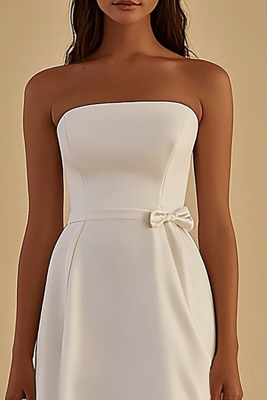 White Satin Square Neck Short Graduation Dress with Bow