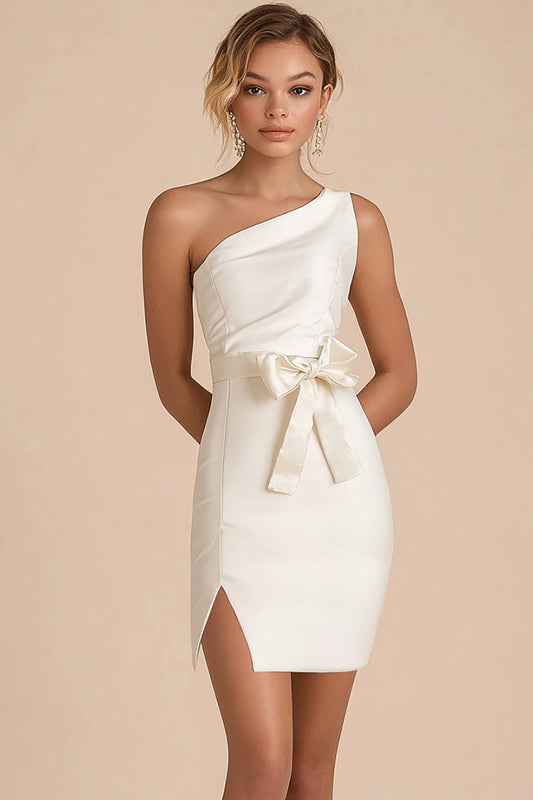 White Satin One Shoulder Bodycon Short Graduation Dress with Bow