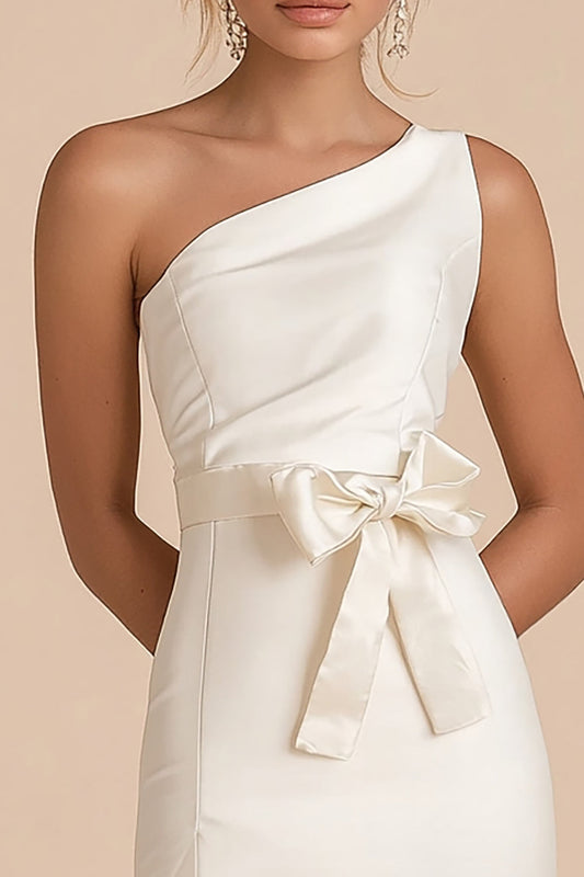 White Satin One Shoulder Bodycon Short Graduation Dress with Bow