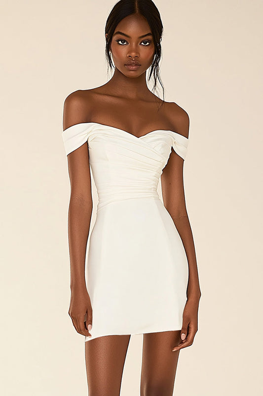 White Bodycon Satin Off The Shoulder Short Graduation Dress