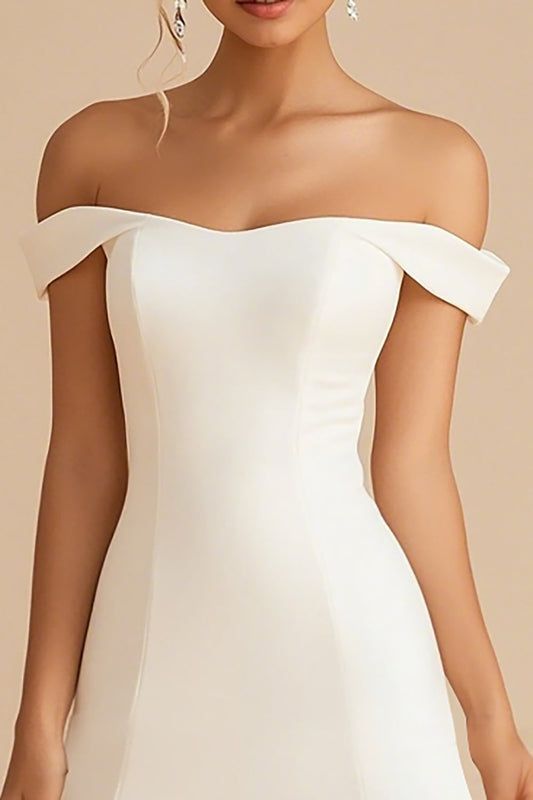 White A Line Satin Off The Shoulder Short Graduation Dress