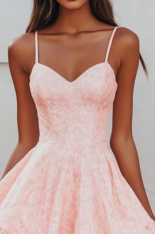 Pink Short Spaghetti Straps A Line Graduation Dress with Lace