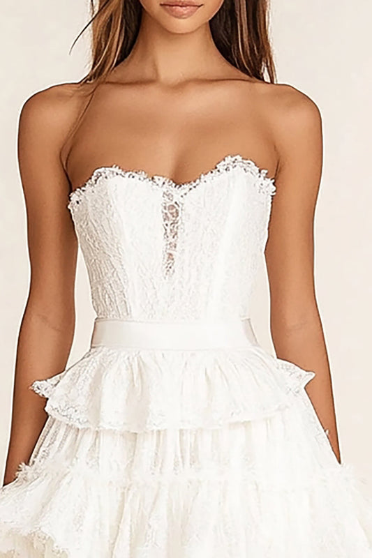 White Lace Strapless Short A Line Graduation Dress with Ruffles
