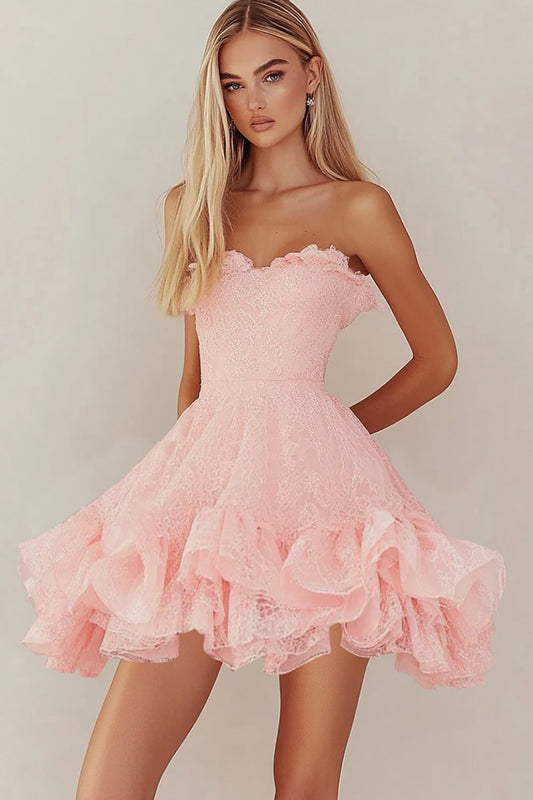 Pink Lace A Line Short Graduation Dress with Ruffles