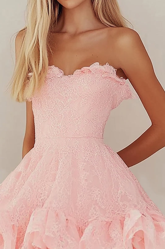 Pink Lace A Line Short Graduation Dress with Ruffles