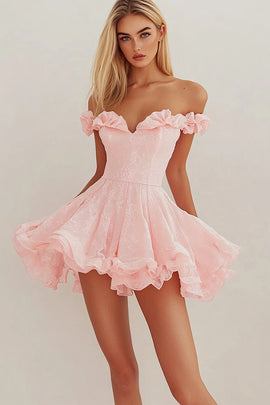 Pink Organza Short Sweetheart Graduation Dress with Ruffles