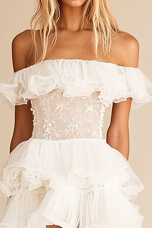 White Organza Short A Line Graduation Dress with Ruffles