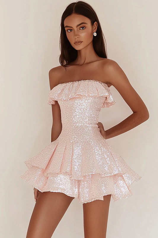 Sparkly Pink Sequins Strapless Short A Line Graduation Dress
