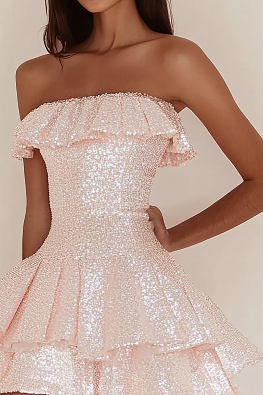 Sparkly Pink Sequins Strapless Short A Line Graduation Dress