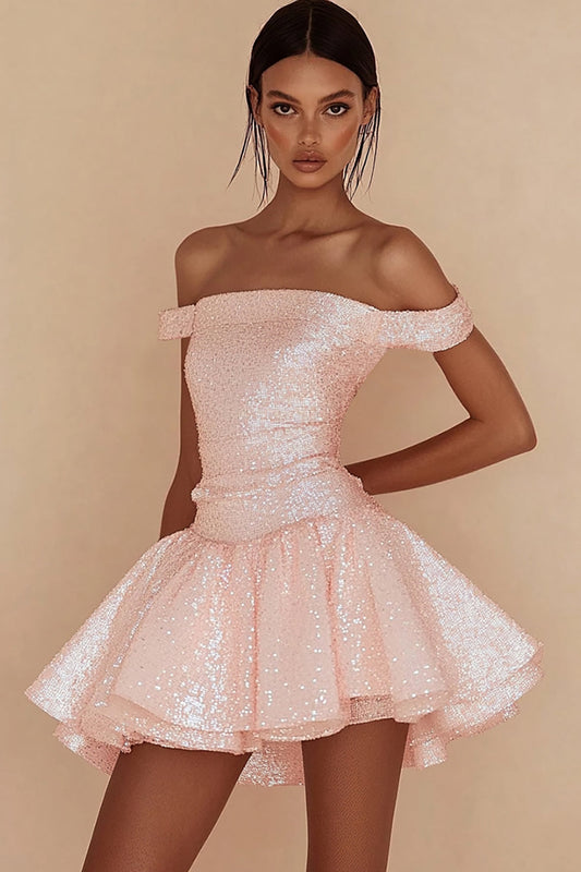 Sparkly Pink Sequins Short A Line Graduation Dress