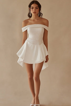 White Off the Shoulder Chiffon Short A Line Graduation Dress