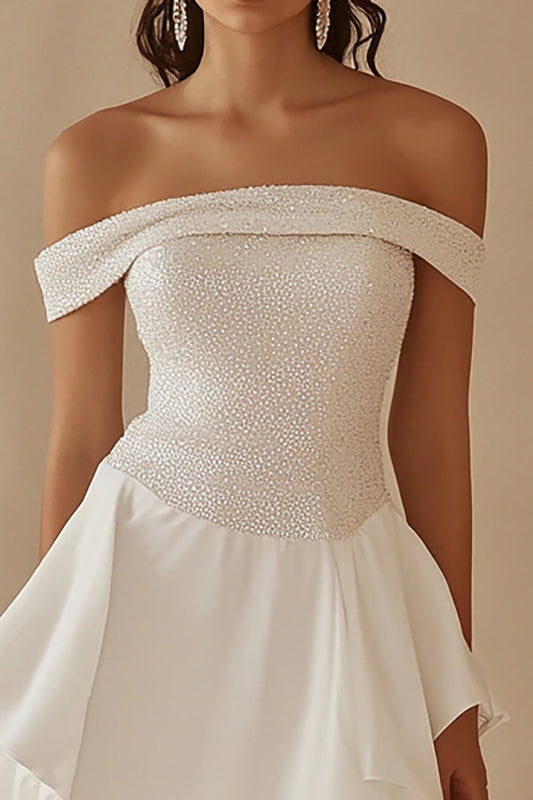 White Off the Shoulder Chiffon Short A Line Graduation Dress