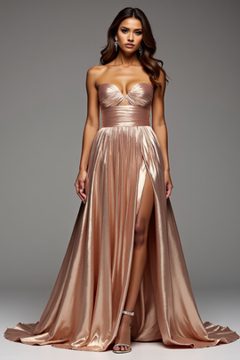 Champagne Metallic A Line Sweetheart Long Prom Dress with Slit