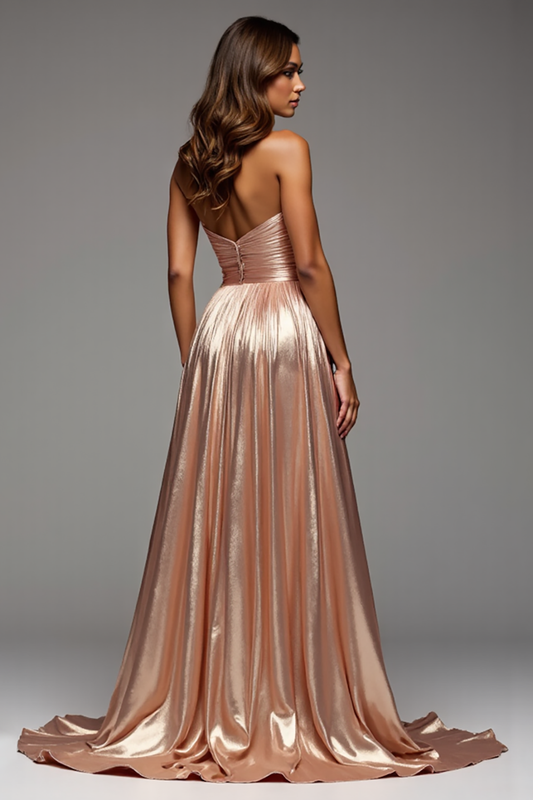 Champagne Metallic A Line Sweetheart Long Prom Dress with Slit