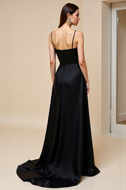 Black A Line Spaghetti Straps Satin Long Prom Dress