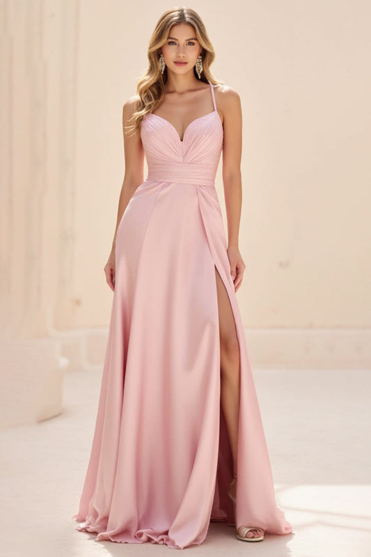A Line Pink Spaghetti Straps Ruched Long Prom Dress with Slit