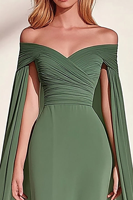 Eucalyptus Sheath Off the Shoulder Long Pleated Prom Dress with Cape
