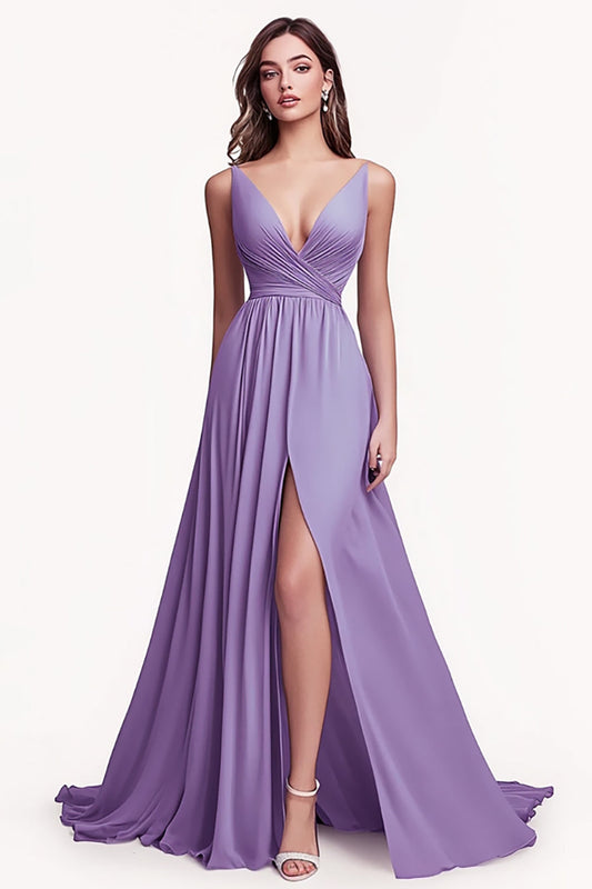Lilac Ruched Chiffon A Line Long Pleated Prom Dress with Slit