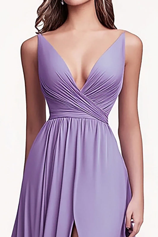 Lilac Ruched Chiffon A Line Long Pleated Prom Dress with Slit