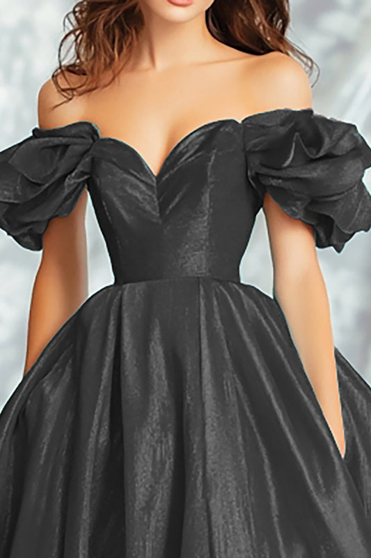 Black Off the Shoulder Satin Ball Gown Long Prom Dress
