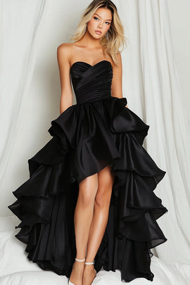 Black Sweetheart Ruched Asymmetrical High-Low Prom Dress with Ruffles