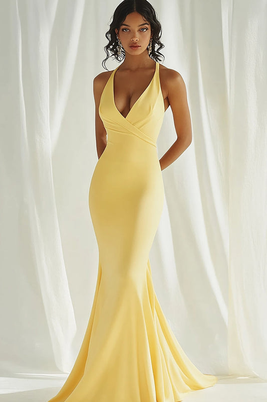 Daffodil Satin Mermaid Long V Neck Prom Dress