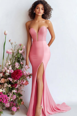Sparkly Watermelon Sequin Sweetheart Mermaid Long Prom Dress with Slit