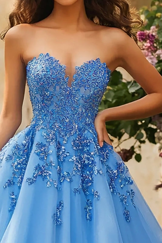 Blue Sweetheart Tulle Ball Gown Long Appliques Prom Dress