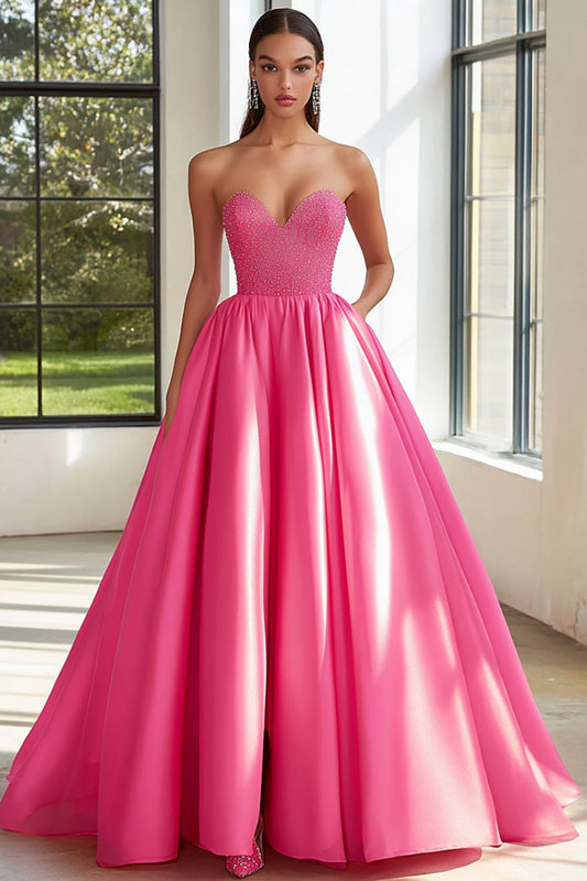 Sparkly Fuchsia Sweetheart Beaded Satin Ball Gown Long Prom Dress