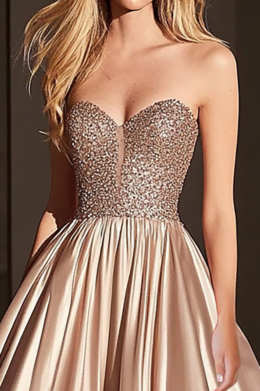 Sparkly Champagne Satin Sweetheart Ball Gown Long Prom Dress