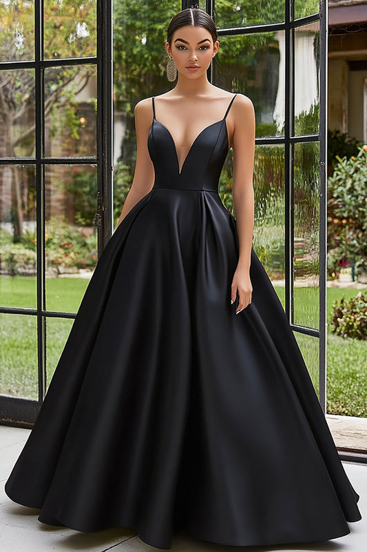 Black Satin Spaghetti Straps Ball Gown V-Neck Long Prom Dress