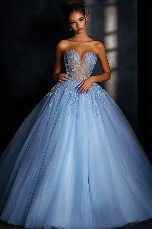 Blue Sweetheart Long Tulle Prom Dress with Lace Ball Gown Pageant Dress with Appliques