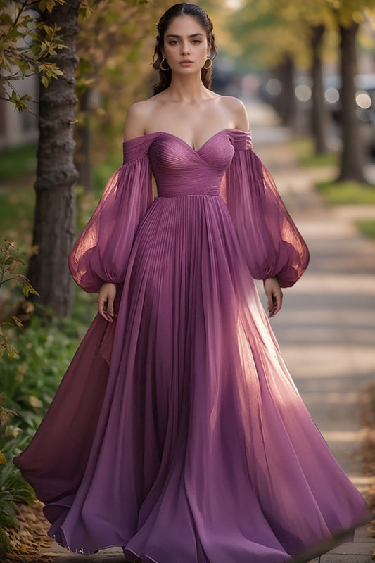 Plum Chiffon Pleated A Line Prom Dress with Long Sleeves