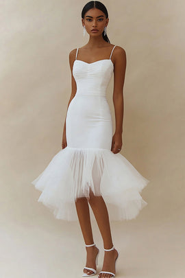 White Satin Sweetheart High-Low Engagement Dress Dress with Ruffles