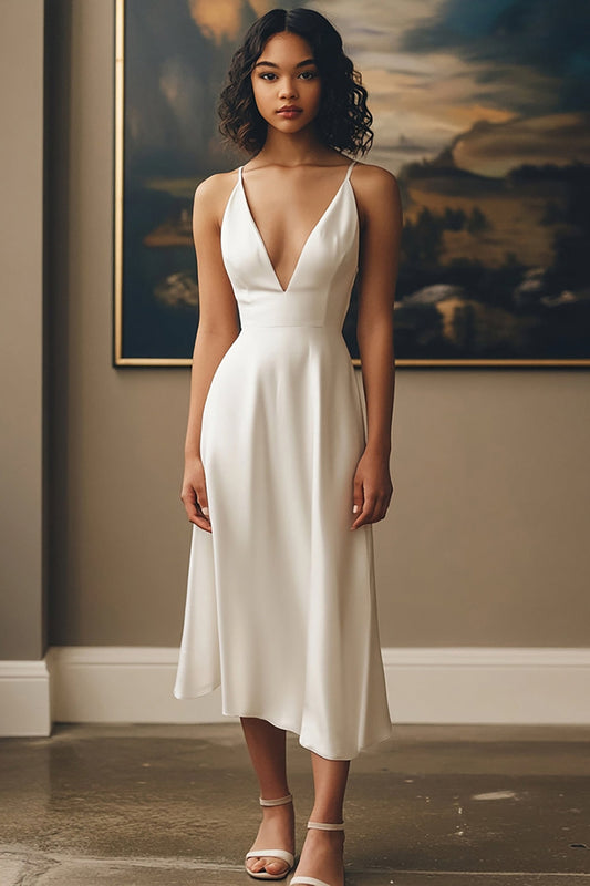 Ivory Satin A Line V-Neck Long Engagement Dress