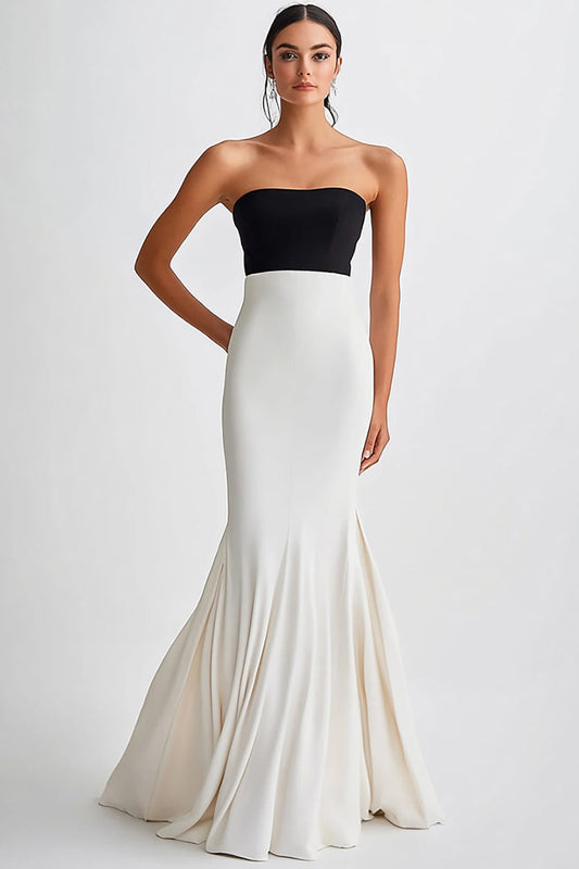 Black and White Mermaid Satin Strapless Long Formal Dress