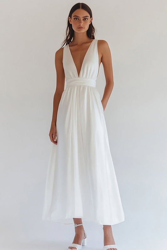 White Chiffon A Line V-Neck Long Engagement Dress