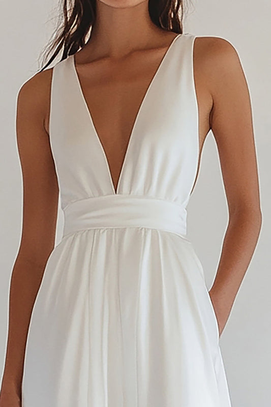 White Chiffon A Line V-Neck Long Engagement Dress