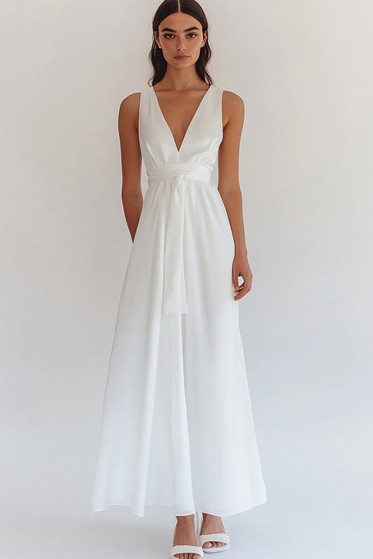 White V-Neck Chiffon Long Engagement Dress with Sash