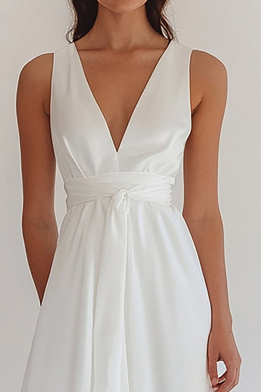 White V-Neck Chiffon Long Engagement Dress with Sash