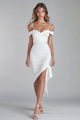 White Satin Cold Shoulder Bodycon Asymmetrical Graduation Dress Dress