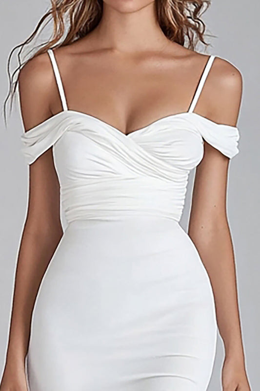 White Satin Cold Shoulder Bodycon Asymmetrical Graduation Dress Dress