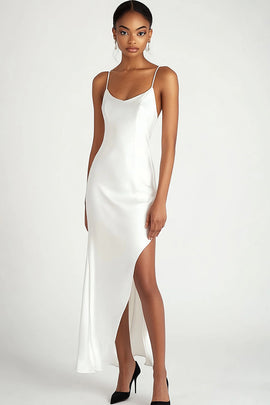 White Satin Spaghetti Straps Long Asymmetrical Engagement Dress