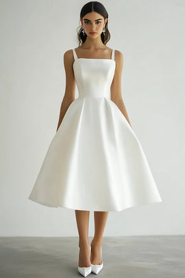 White A Line Satin Square Neck Midi Engagement Dress