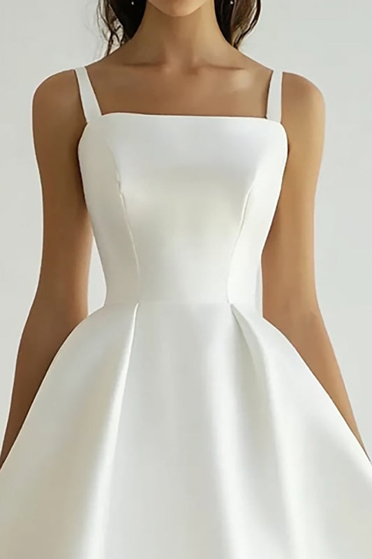 White A Line Satin Square Neck Midi Engagement Dress